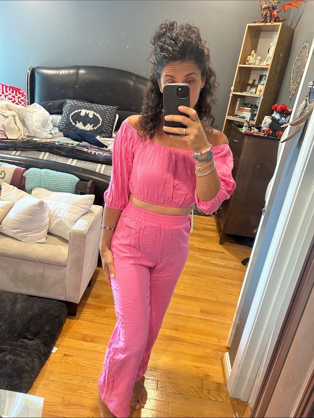 Commense Pink Off-Shoulder Crop Top & Wide-Leg Pants Set